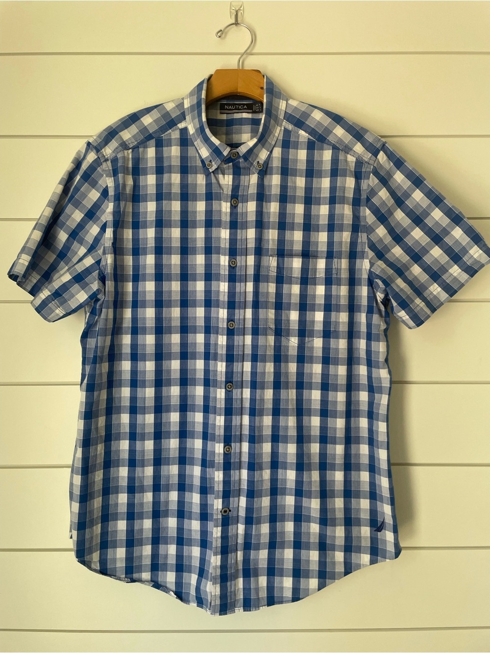 Nautica Blue and White Plaid Short-Sleeve Button-Down Shirt